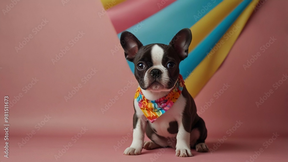 Boston terrier puppy in fancy rap colorful outfits on bright advertising background, copy space.

