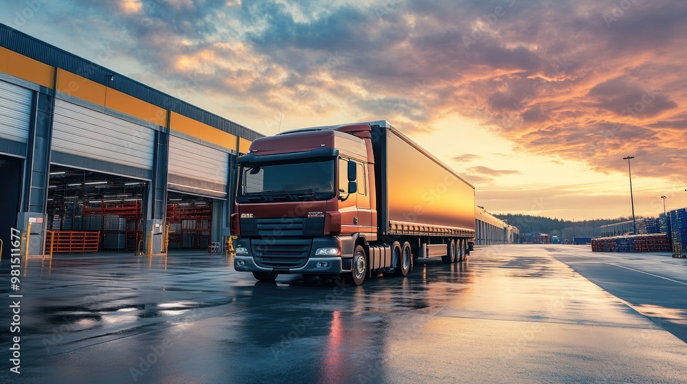 Truck parked in front of a bustling industrial logistics building, capturing the connection between transportation and warehouse operations in a large distribution network. Truck parked in front of a bustling industrial logistics building, capturing the connection between transportation and warehouse operations in a large distribution network.