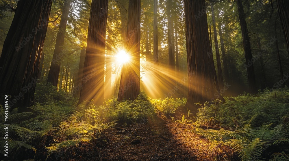 Obraz premium Golden rays pierce through verdant canopies, casting an ethereal glow upon the forest floor. The warm embrace of the sun kisses leaves, illuminating hidden wonders amidst the towering trees. 
