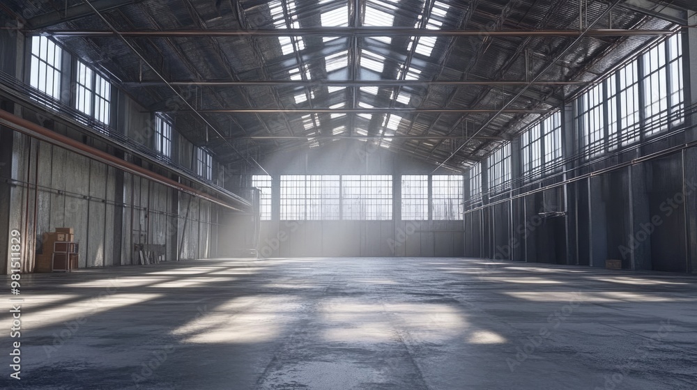 Warning: Ensure no reflective surfaces or distracting elements are included in the shot. Focus on maintaining a clean, unobstructed view of the large, empty warehouse interior. Warning: Ensure no reflective surfaces or distracting elements are included in the shot. Focus on maintaining a clean, unobstructed view of the large, empty warehouse interior.