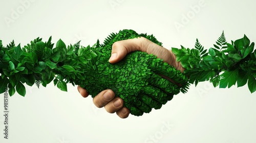 A symbolic handshake made of green leaves representing sustainability, cooperation, and environmental partnership.