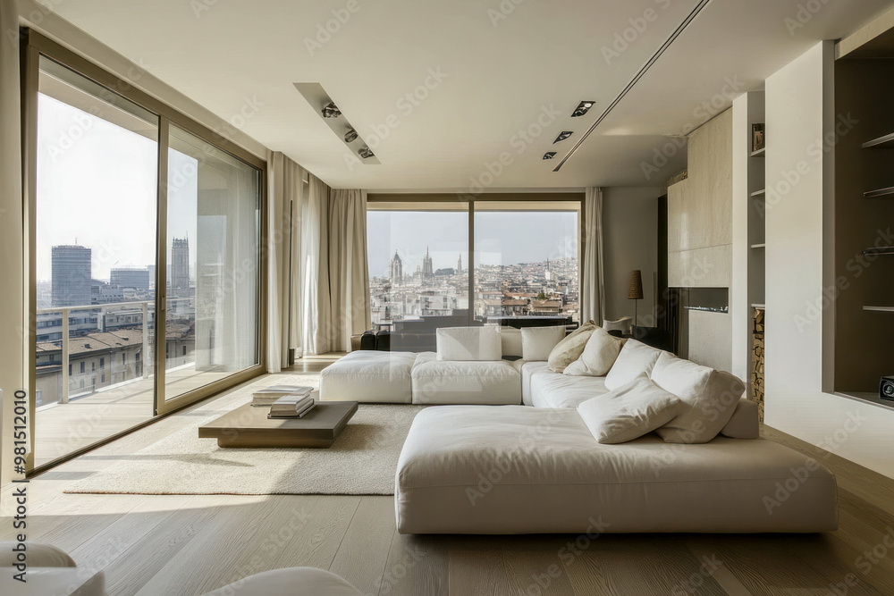 Fototapeta premium Modern Living Room with City View and Large Windows
