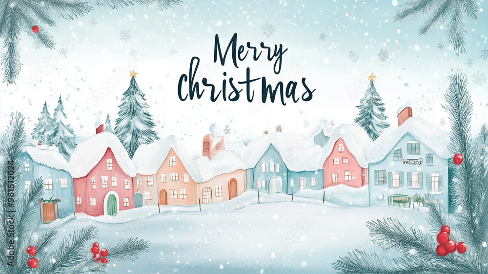 Fototapeta premium Vintage Christmas and New Year illustration. cozy winter village, text 