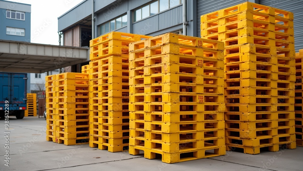 Vibrant yellow plastic pallets stacked for transport at a factory yard Vibrant yellow plastic pallets stacked for transport at a factory yard