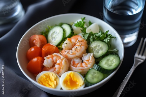 simple food salad with shrimp eggs and cucumber