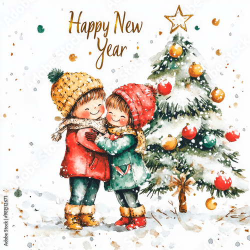 New Year card, blank, template, invitation, with children near Christmas tree , watercolor cartoon illustration