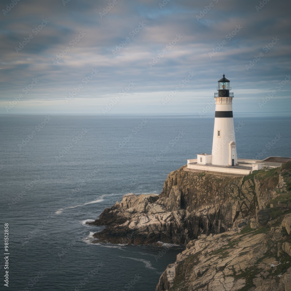 A lighthouse stands on a rocky cliff surrounded by calm ocean waters. The dark sky looms overhead, creating a serene yet dramatic coastal scene. A lighthouse stands on a rocky cliff surrounded by calm ocean waters. The dark sky looms overhead, creating a serene yet dramatic coastal scene.
