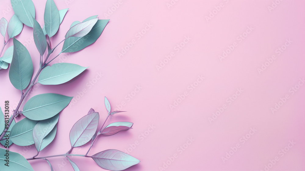 Delicate green leaves arranged artistically on a soft pink background, showcasing nature’s beauty in a minimalist style Delicate green leaves arranged artistically on a soft pink background, showcasing nature’s beauty in a minimalist style