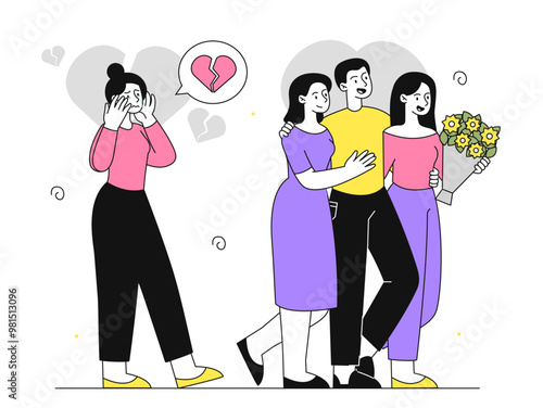 Woman with broken heart. Young girl looks sadly at man with two girlfriends. Love and jealousy. Depression and frustration, loneliness. Linear vector illustration