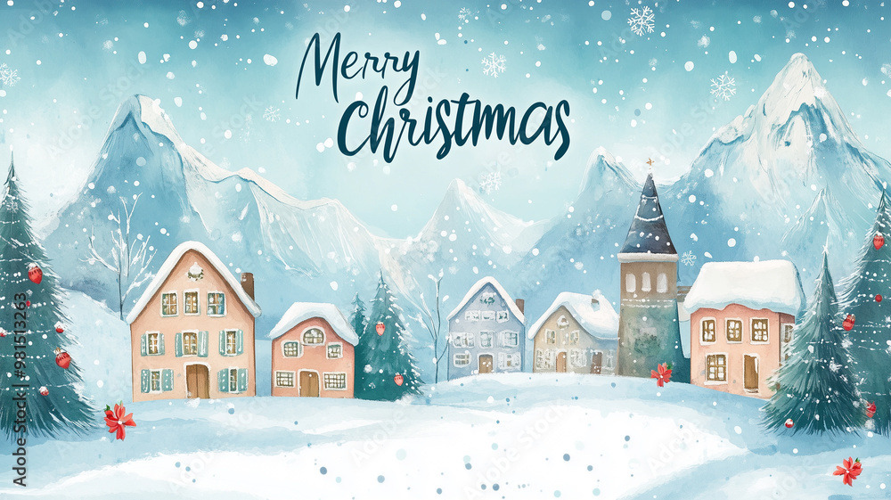 Fototapeta premium Vintage Christmas and New Year illustration. cozy winter village, text 
