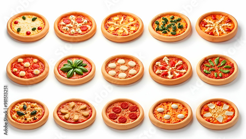 3D pizza set isolated on white background