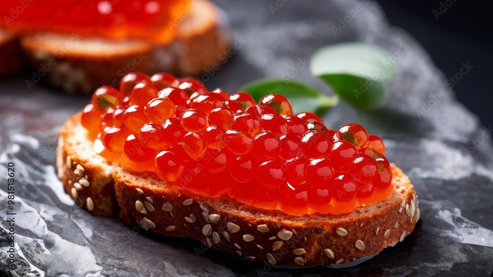 Red caviar with bread on a stone plate.
Red caviar with bread on a stone plate.