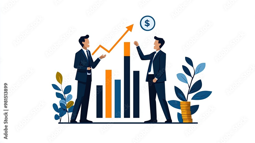 Two business professionals discussing growth strategies with financial graphs and dollar signs, symbolizing corporate success. Two business professionals discussing growth strategies with financial graphs and dollar signs, symbolizing corporate success.