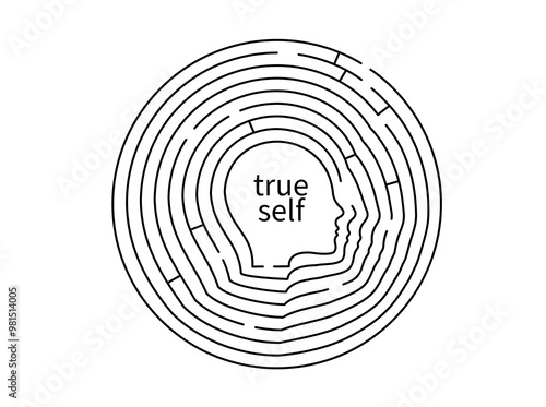 Round labyrinth with a silhouette of a face in the center. Conceptual minimalistic vector illustration about the path to the true self.