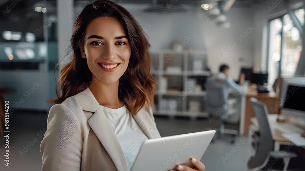 Portrait of happy businesswoman with touchpad in office looking at camera Portrait of happy businesswoman with touchpad in office looking at camera