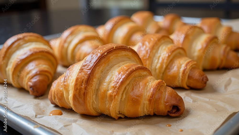 Freshly baked golden croissants on a rustic tray Freshly baked golden croissants on a rustic tray