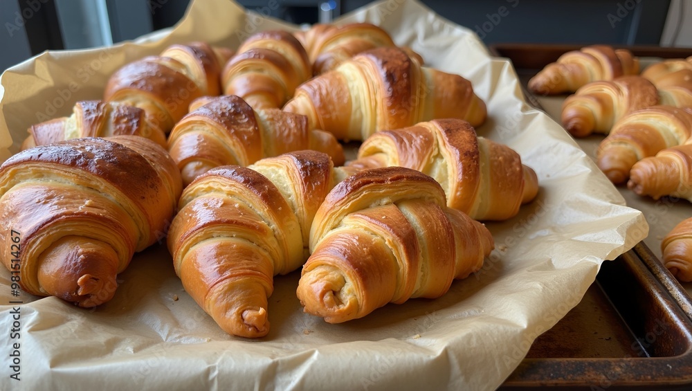 Freshly baked golden croissants on a rustic tray Freshly baked golden croissants on a rustic tray