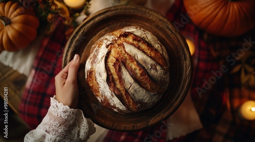 rustic loaf of sourdough bread perfectly baked photo