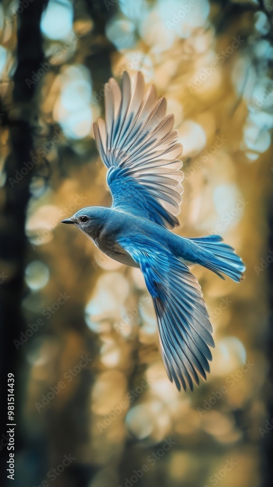 Bluebird in flight with autumn background, nature