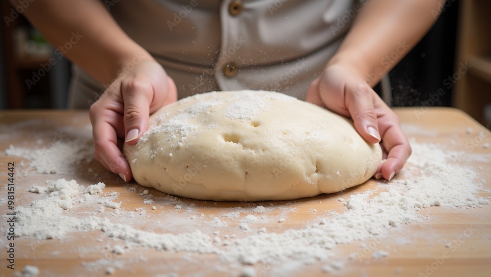 Fresh dough kneaded by hand on wooden countertop flour dusted Fresh dough kneaded by hand on wooden countertop flour dusted