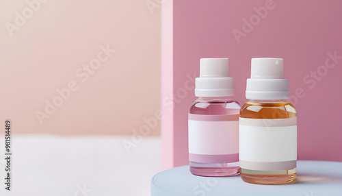 Polyglutamic acid bottles with blank labels on a pastel background, representing skincare product packaging