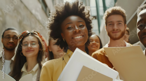 Portrait of happy diverse group of interns or students and corporate teacher after successfully passing exam. Multi-ethnic business team of employees holding paper documents