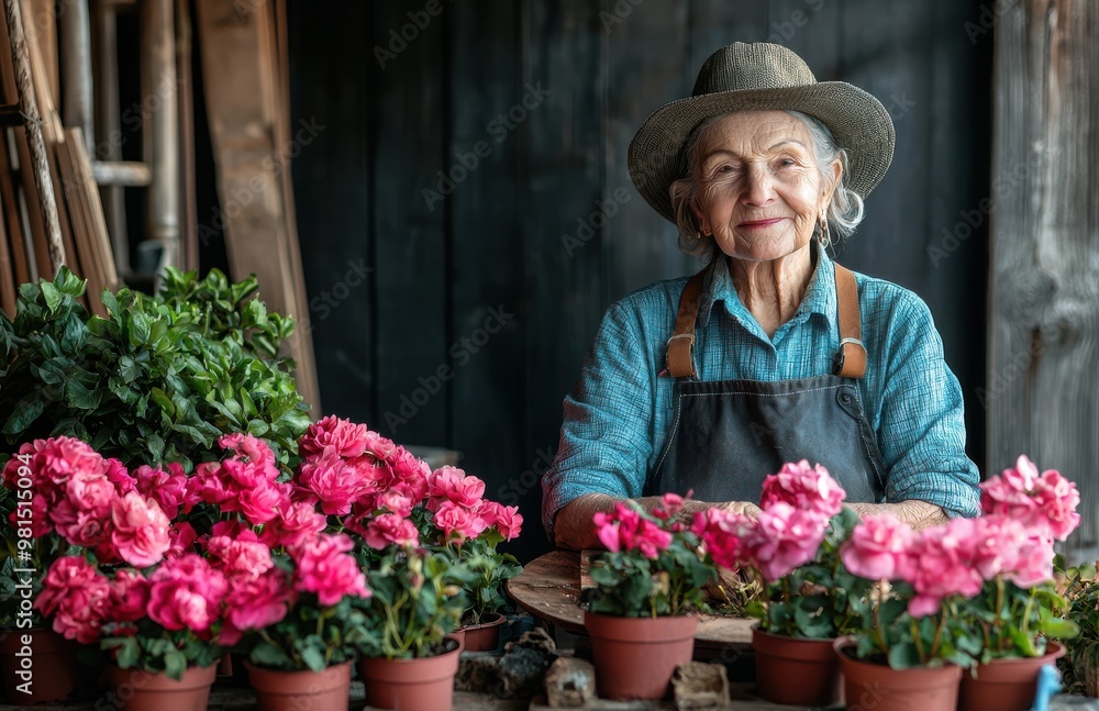 Elderly woman in hat gardening with pink flowers, wearing apron in rustic setting, conveying joy and serenity Elderly woman in hat gardening with pink flowers, wearing apron in rustic setting, conveying joy and serenity