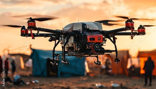 A powerful drone equipped with advanced technology flies over a camp at sunset. The blurred background creates a sense of action and focus, making it ideal for showcasing modern technology in rugged