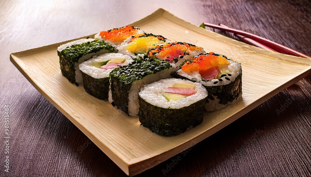 Sushi or kimbap on a plate; food photography; Sushi or kimbap on a plate; food photography;