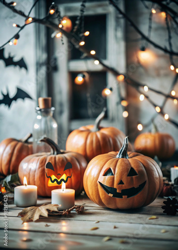 Background with pumpkins, burning candles, and Halloween decorations.