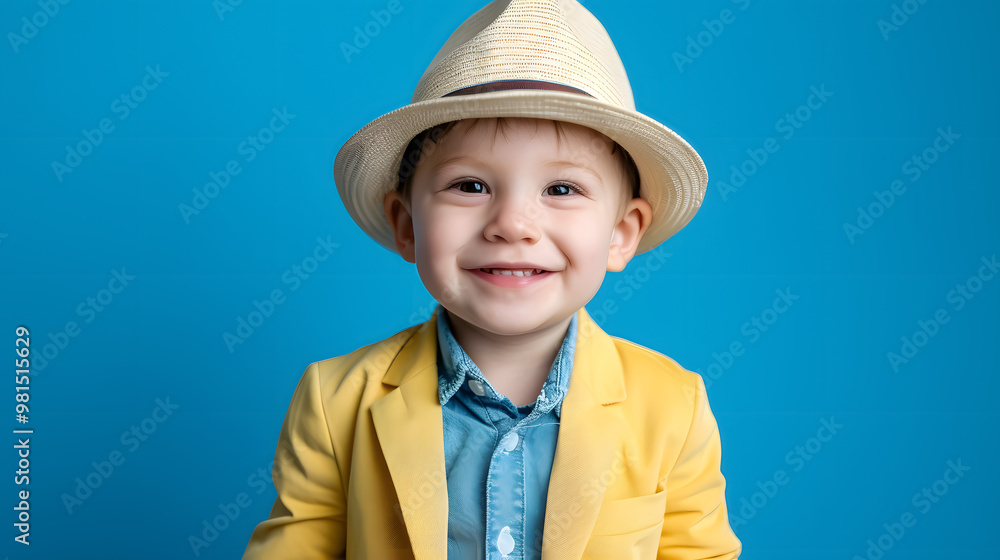 Portrait of a happy, joyful little boy isolated on a blue background. Toddler child in a hat and fashionable suit, smiling and having fun. Portrait of a happy, joyful little boy isolated on a blue background. Toddler child in a hat and fashionable suit, smiling and having fun.