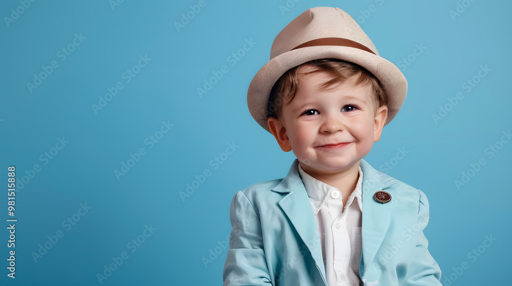 Portrait of a happy, joyful little boy isolated on a blue background. Toddler child in a hat and fashionable suit, smiling and having fun. Portrait of a happy, joyful little boy isolated on a blue background. Toddler child in a hat and fashionable suit, smiling and having fun.