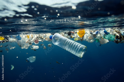 The ocean is plagued by a significant accumulation of plastic waste, including bottles, wrappers, and microplastics photo