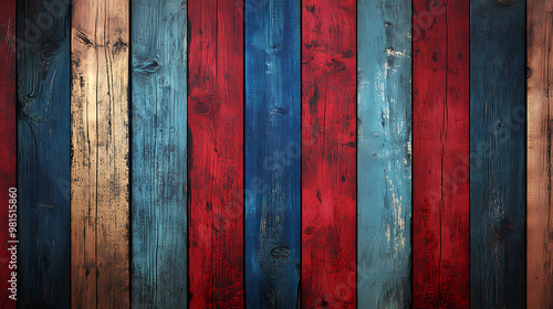 Wooden wall with red and blue stripes wood texture background. Wood Grain. Illustration