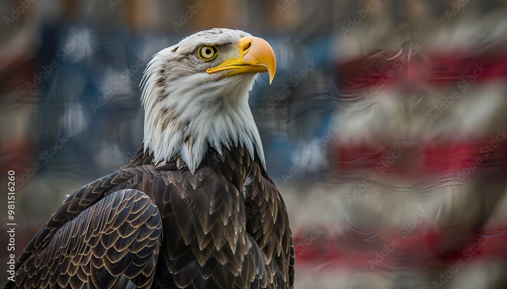 Obraz premium A majestic bald eagle with the american flag in the background symbolizes national pride and patriotism