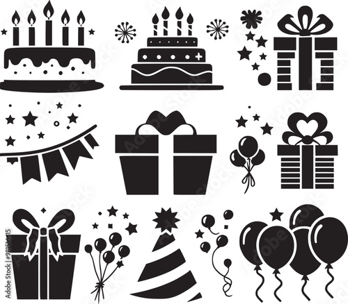 Birthday party icon set - Happy New year