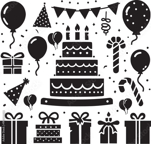Birthday party icon set - New year celebration