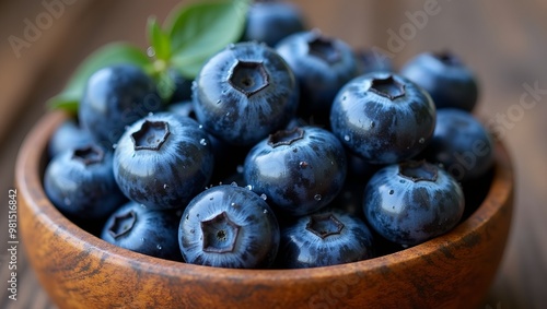 Wallpaper Mural Fresh blueberries in wooden bowl with glistening dew droplets Torontodigital.ca