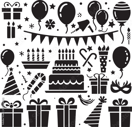 Hand drawn sketch doodle birthday cake, balloon, event decoration element