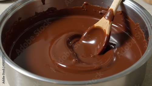 Rich glossy melted chocolate being stirred in silver bowl