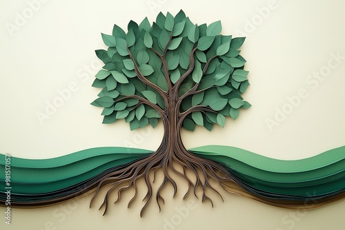 Minimalist Mental Health Awareness Banner Featuring a Healing Tree with Deep Roots and Layered Paper-Cut Design