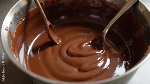 Rich glossy melted chocolate being stirred in silver bowl