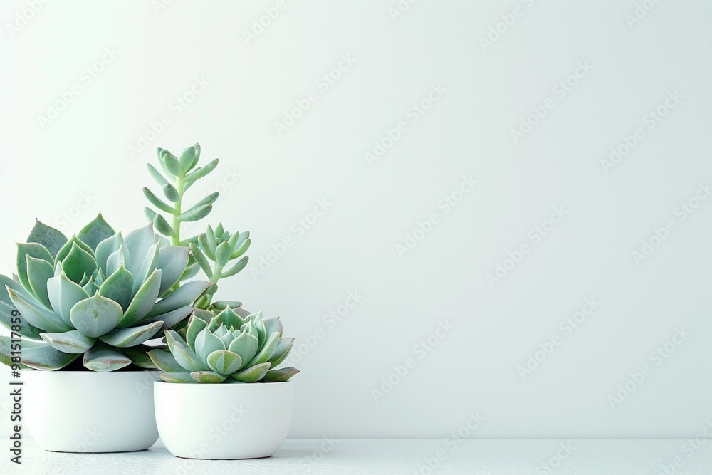 A trio of succulent plants in white pots against a white background, A trio of succulent plants in white pots against a white background,