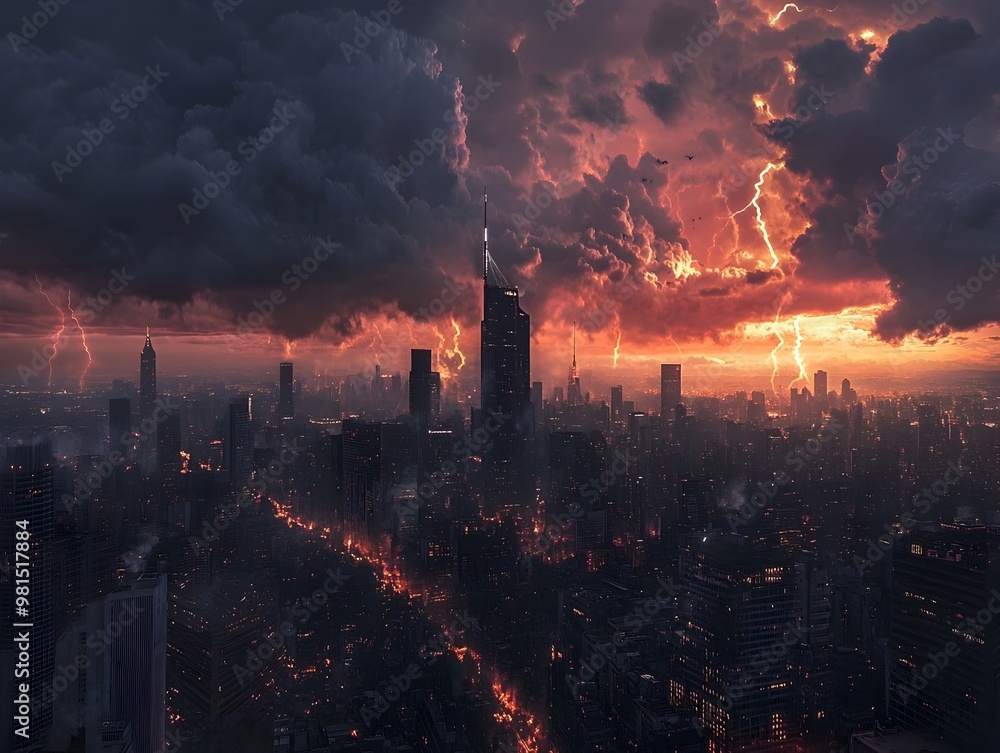 Ominous Storm Clouds Gathering Over Bustling Cityscape with Dramatic Lightning Flashes Ominous Storm Clouds Gathering Over Bustling Cityscape with Dramatic Lightning Flashes