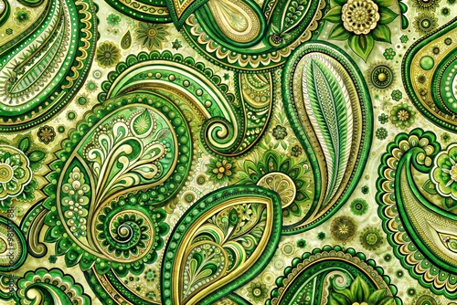 Seamless green and gold paisley pattern with floral motifs