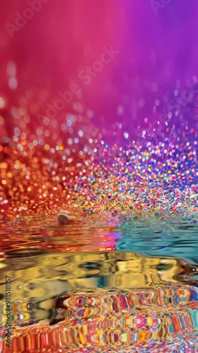 Colorful fantasy particles background reflected in water vertical video