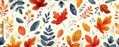 Seamless pattern of colorful autumn leaves and branches, perfect for seasonal designs and backgrounds.