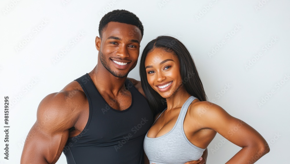 Smiling athletic man and woman in sportswear posing together in a bright setting, showcasing fitness and positivity Smiling athletic man and woman in sportswear posing together in a bright setting, showcasing fitness and positivity