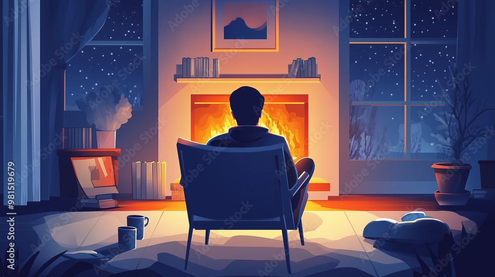 Fototapeta premium Man sitting by the fireplace on a winter night, reflective solitude