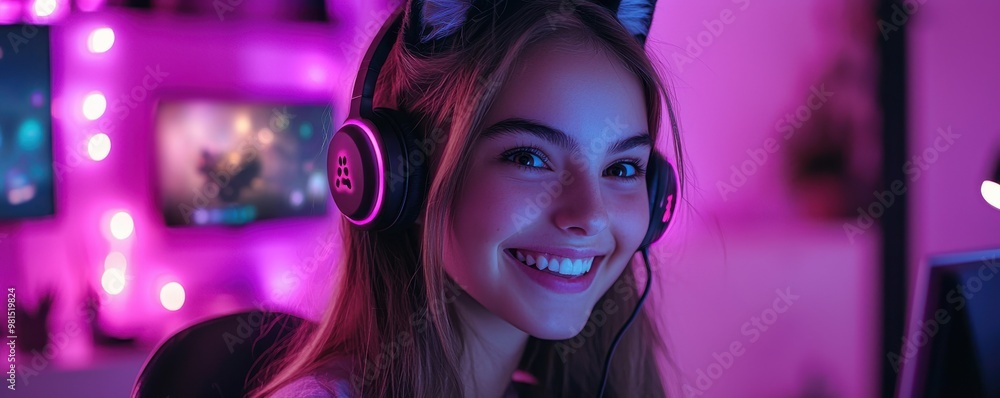 Smiling girl with cat ear headphones enjoying computer gaming in neon-lit room Smiling girl with cat ear headphones enjoying computer gaming in neon-lit room